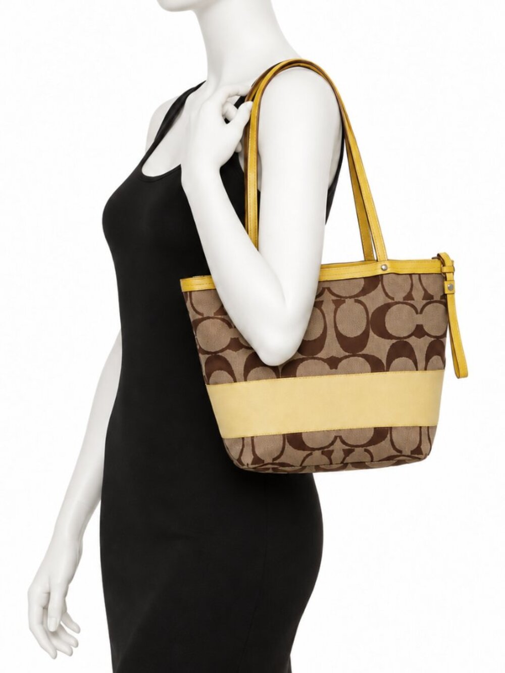 Coach Signature C Brown Canvas Tote Bag Yellow Leather Shoulder Bag